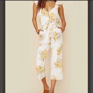For Love & Lemons Limonada Lemon Crop Jumpsuit Sz XS Flutter Sleeves Belted GUC